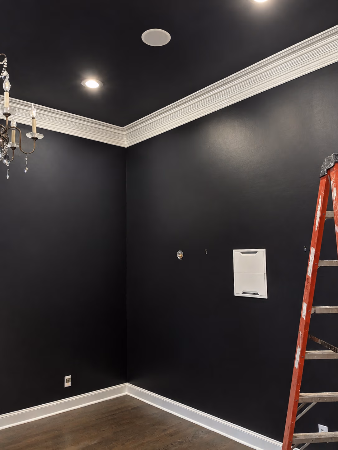 Empty room corner with black walls and ceiling, white crown molding, chandelier, and red ladder on wood floor.