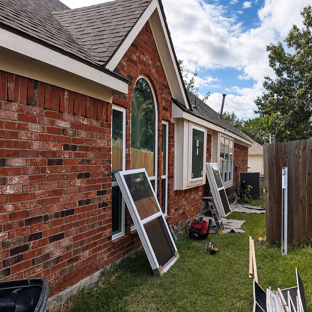 Red brick house with new window frames leaning against the wall and installation tools on green lawn.